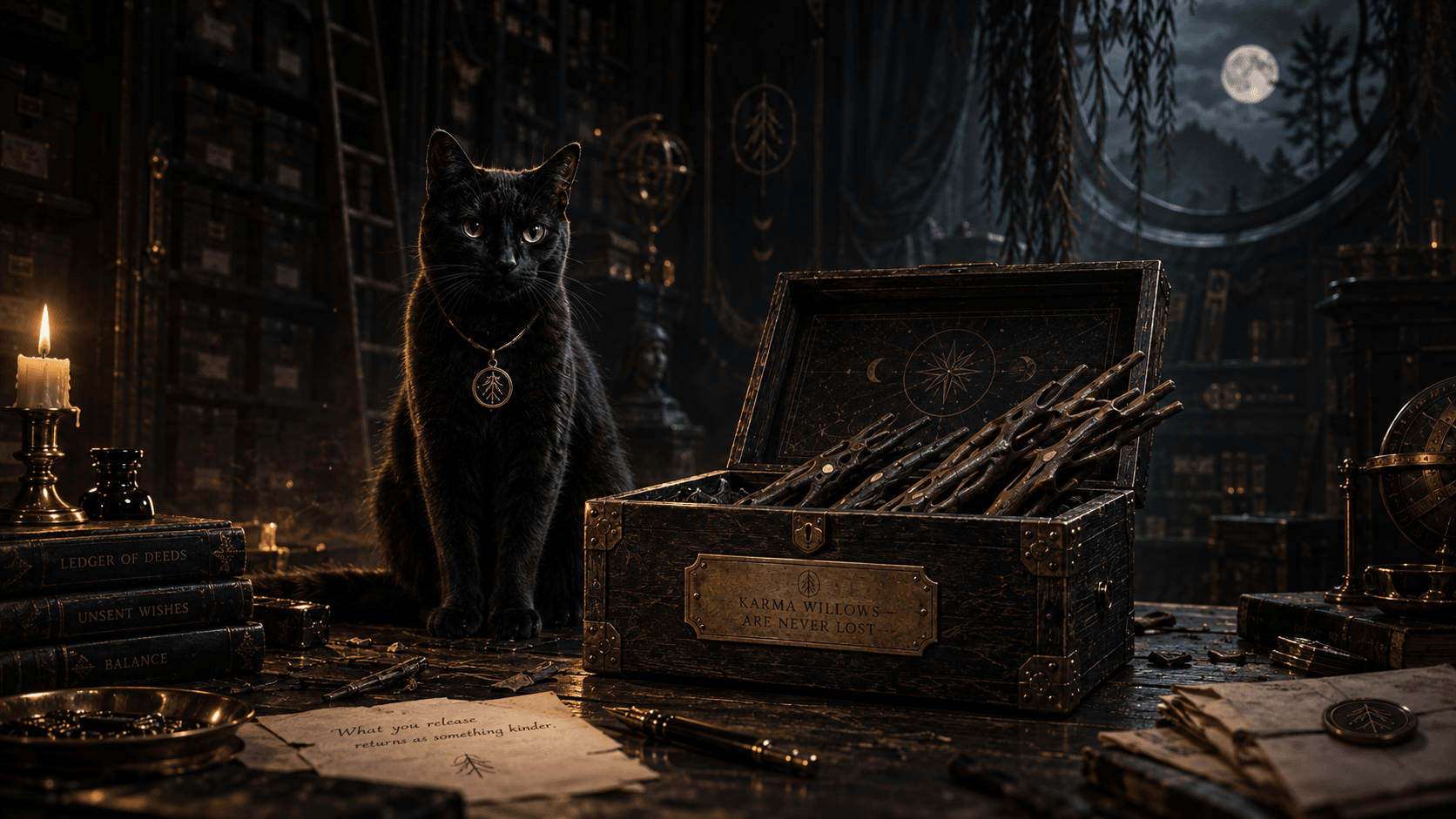 A black cat beside an open wooden box of willow wish-sticks, lit by candlelight and moonlight